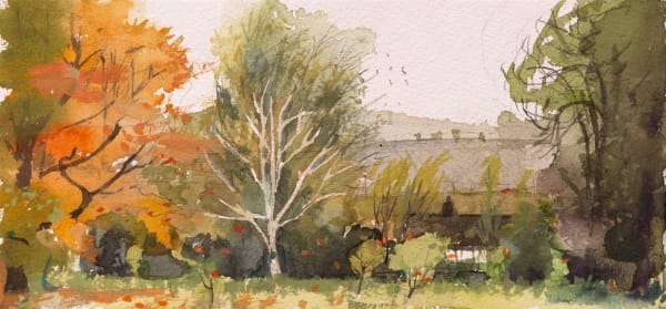 Kate Downie RSA Babet and the Red Oak Watercolour 12.5 x 26 cm
