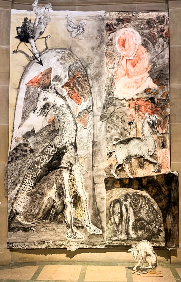 Madeleine Wood All Creatures, Return to Me (Hound) Ink, charcoal, gouache, graphite, oil pastel, tracing paper and card on paper 380 x 250 cm