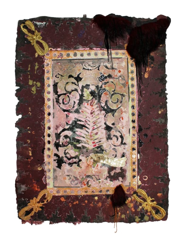 Lina Puerta Untitled (Burgundy/Tapestries Series), 2016 Handmade paper composed of cotton and linen pulp, embedded with lace, velvet, sequins, trims, appliqués, fake fur and chains. 32 x 23 in 81.28 x 58.42 cm