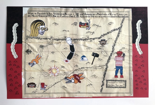 Michael Menchaca Mapa de San Antonio y sus misiones en el aniversario de trecientos anos, despues del Capitan Don Luis Antonio Menchaca, 2018 Mixed media on red French paper 26 x 40" 66 x 101.6 cm