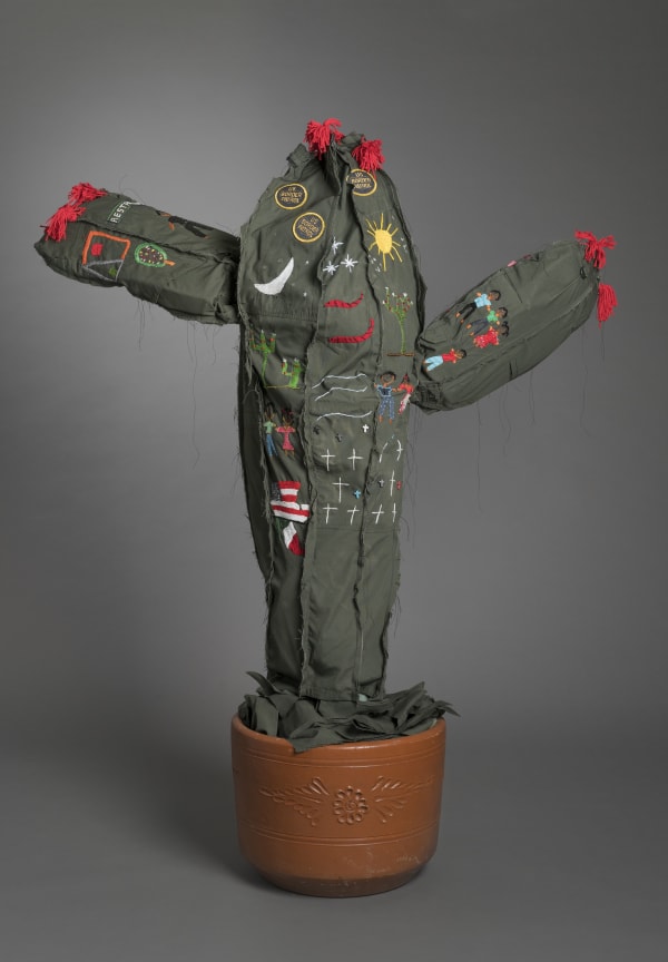 Margarita Cabrera Space in Between-Saguaro (Liliana Santoyo), 2016 Border Patrol uniform fabric, copper wire, pvc pipe, foam, thread 60 x 52 x 18" 152.4 x 132.1 x 45.7 cm