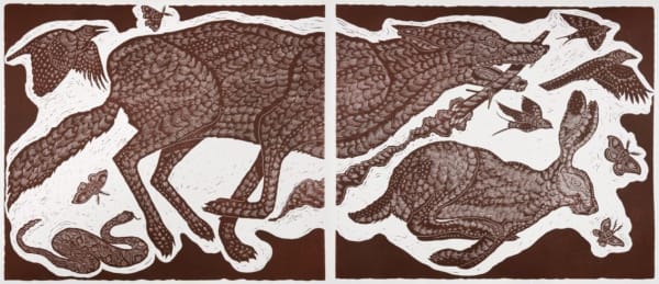 Richard 'Ricky' Armendariz Exodus (Diptych), Hare & Hound Press, San Antonio, TX, 2019 Woodblock print 37.5 x 87" 95.3 x 221 cm 4 / 5