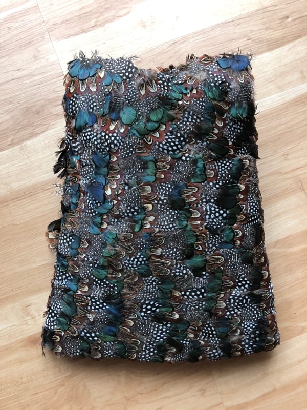 Cecilia Paredes Pheasant and Peacock Dress, 2017 Fine feathers on cloth 16.5 x 13 in 41.9 x 33 cm