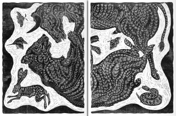 Richard 'Ricky' Armendariz It's Complicated (after Zeus and Callisto), 2021 Woodblock print 43 x 64 in 109.2 x 162.6 cm Edition of 5