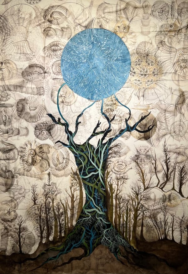 Cecilia Paredes The Beginning, 2023 Acylic and watercolor on printed linen 47 x 31 in 119.4 x 78.7 cm
