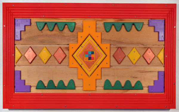 Frank Romero Serape de Madera con Rojo, 2024 Acrylic on wood 28 x 48 x 2 in 71.1 x 121.9 x 5.1 cm