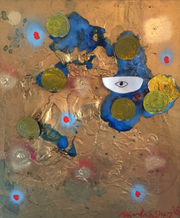 Alejandro Diaz God, 2018 Acrylic, 24K gold pigment, found objects on canvas 24 x 20" 61 x 50.8 cm