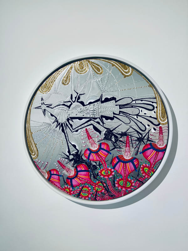 Nicolás Leiva Viaje al Paraiso VI, 2016 Acrylic and embossed aluminum mounted on wood 19.5 inches diameter 49.5 cm diameter