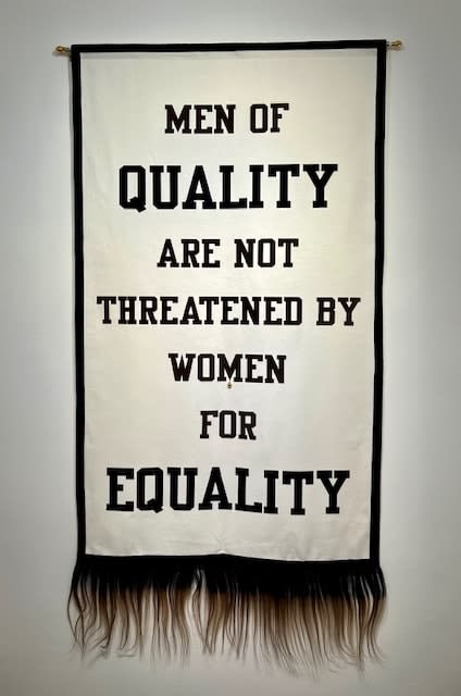 Jennifer Ling Datchuk Quality/Equality, 2023 Felt, Asian human hair, cat bell 60 x 36 x 1/2 in 152.4 x 91.4 x 1.3 cm