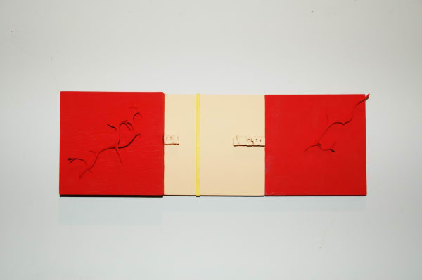 Jesse Amado Mini Gibberish, 2018 Le Corbusier acrylic, thorns, letters on panel 6 x 18 x 2.7 in 15.2 x 45.7 x 6.8 cm