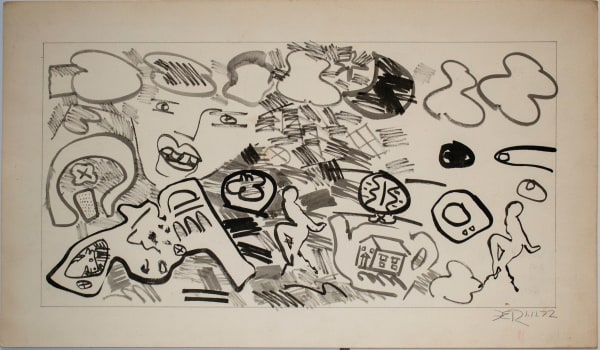 Frank Romero Six Gun and Tea Pot (Mural Study), 1972 Signed and dated bottom right Ink on paper 13.125 x 22.625 in 33.3 x 57.5 cm