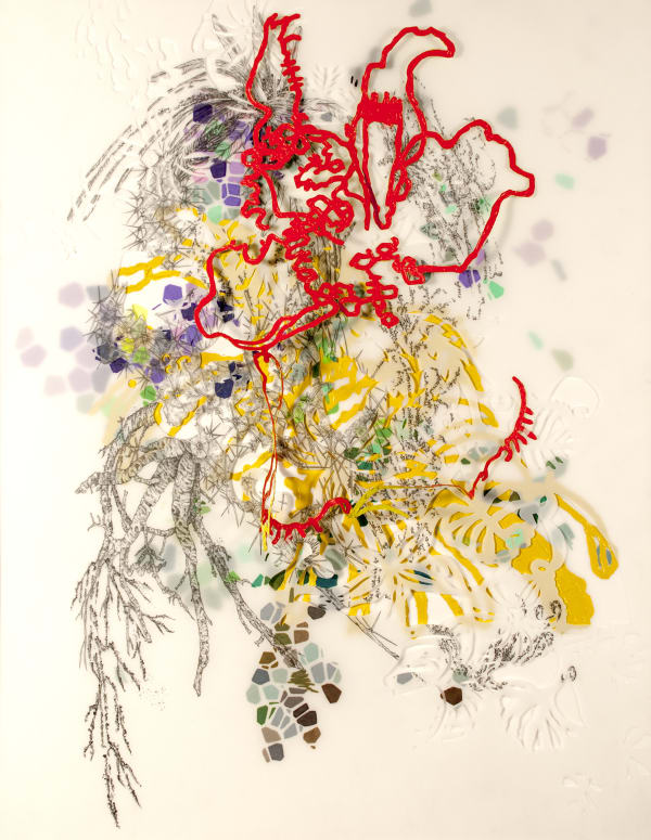 Leigh Anne Lester Varieties that Were, 2020 Graphite, color pencil on two layers of drafting film, acrylic paint on drafting film, hand-cut drafting film 29.25 x 24.75 x 4 in 74.3 x 62.9 x 10.2 cm