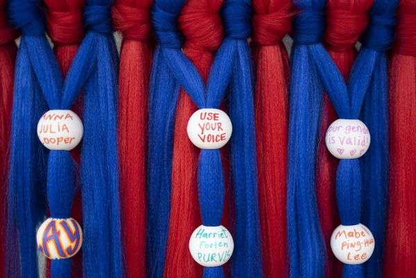 Jennifer Ling Datchuk American Flag, 2020 Synthetic hair, porcelain beads from Jingdezhen, China 36 x 60 x 4 in 91.4 x 152.4 x 10.2 cm