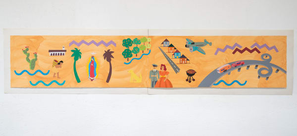 Frank Romero Recuerdo (design for reflection pool Warner Center, LA), 1982 Signed and dated top left Acrylic and cut paper collage 15.125 x 80 in 38.4 x 203.2 cm