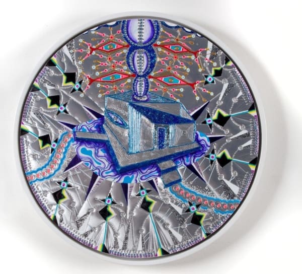 Nicolás Leiva Viaje al Paraiso VII, 2016 Acrylic and embossed aluminum mounted on wood 19.5 inches diameter 49.5 cm diameter