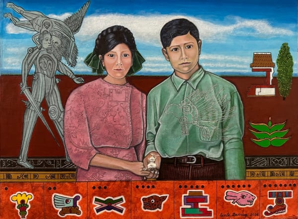 Santa Barraza Mujeres Nobles Series: Codex of Maternal Abuelos with Cortez as Richard King, 2024 Acrylic on amate paper with attached metal amulet 11 x 14.5 in 27.9 x 36.8 cm