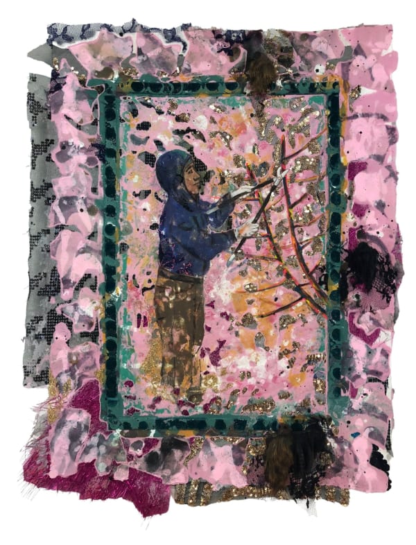 Lina Puerta Peach Tree Crop Laborer, 2018 Handmade paper composed of pigmented cotton and linen paper pulp; embedded with sequined and metallic fabrics; lace, fur and finished with gouache 26.5 x 19.5 in 67.3 x 49.5 cm