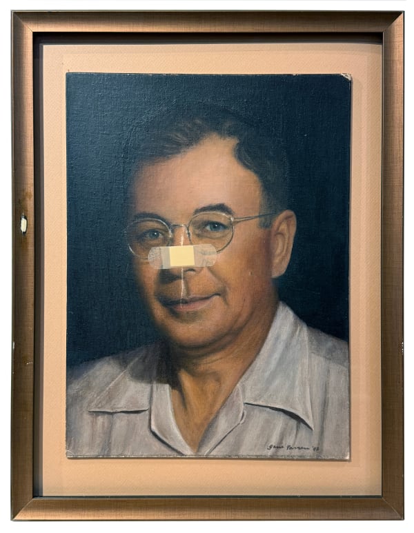Jack Massing Mrs. Lueker's Ex Husband, 2023 Antique painting on canvas, band aid, and scratched picture frame 21.25 x 16.5 x 1.5 in 54 x 41.9 x 3.8 cm