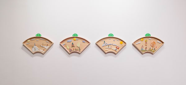 Jennifer Ling Datchuk Girls Just Want To Have Fun, 2023 Porcelain, waterjet, porcelain plates, brass, paracord rope on maple 14.25 x 87 x 1.5 in 36.2 x 221 x 3.8 cm