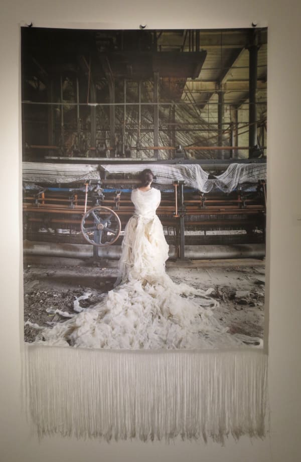 Cecilia Paredes The Weaver, 2021 Photo performance print on silk with fray 68 x 40 in 101.6 x 172.7 cm