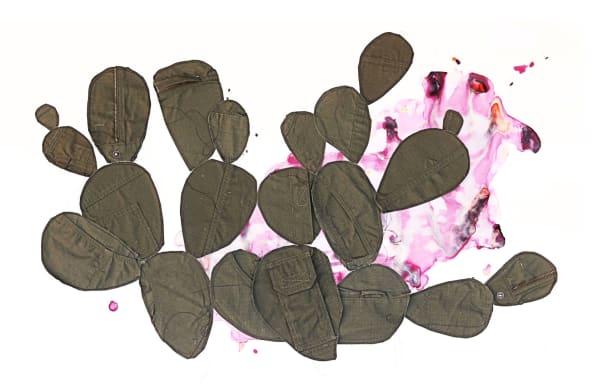 Margarita Cabrera El Flujo de Extracciones (Nopal 1), 2019 Cochineal Gouache on paper with fabric collage and string 26 x 42" 66 x 106.6 cm