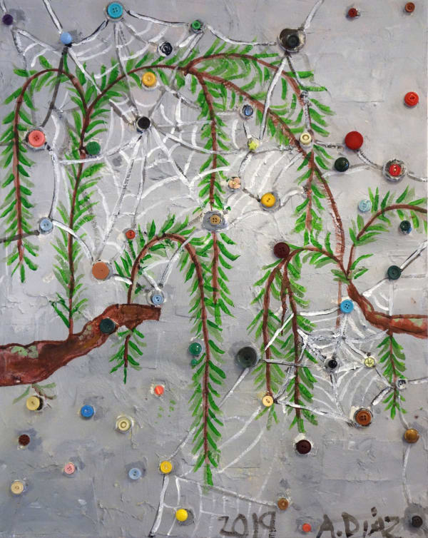 Alejandro Diaz Xochimilco, 2019 Acrylic, fiber paste, and various vintage clothing buttons on canvas 28 x 22 in 71.1 x 55.9 cm