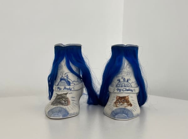 Jennifer Ling Datchuk Kitty Cat Consent, 2023 porcelain, vintage ceramic decal, Asian human hair 5.18 x 6.5 x 3 in 13.2 x 16.5 x 7.6 cm