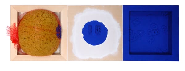 Jesse Amado Yves Blue (Siv Ernav Tiag Bolsra), 2015 Y3 Blau acrylic paint on wood, sponge 6 x 18 x 3.3 in 15.2 x 45.7 x 8.3 cm