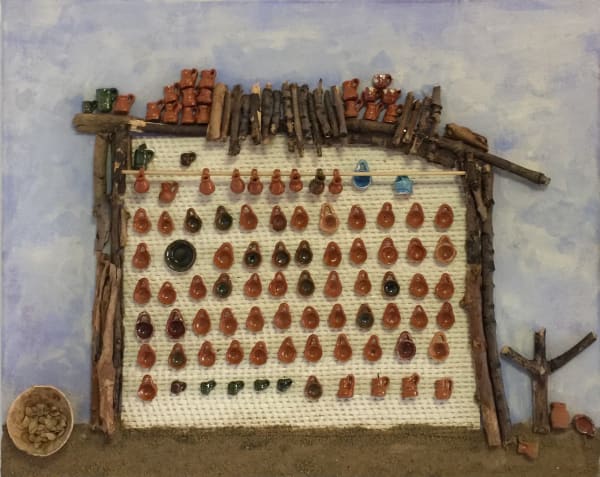Alejandro Diaz Pottery Barn, 2020 Twigs, miniature clay pottery, gravel, woven straw paper, gourd, pumpkin seeds, acrylic paint 20 x 16 in 50.8 x 40.64 cm
