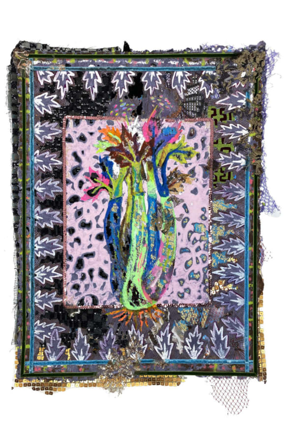 Lina Puerta Celery Lights , 2019 Handmade paper composed of pigmented cotton and linen pulp; embedded with lace, sequined and metallic fabrics; food wrapping nettings and parts of indigenous Kuna Mola (Panama/ Colombia) previously worn by the artist; finished with gouache, lace and velvet and sequin ribbons. 26 x 19 ½ in 66.04 x 48.26 cm