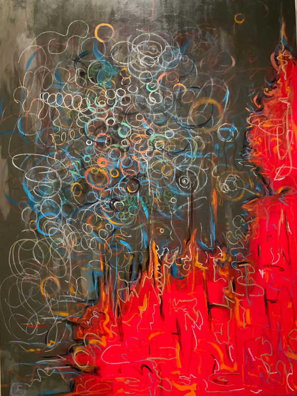 Joan Fabian Fire Across the Street , 2023 Acrylic, oil crayon and luminescent paint on Russian birchwood 40 x 30 in 101.6 x 76.2 cm