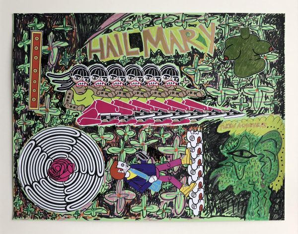 Michael Menchaca Hail Mary in Cyberspace, 2018 Oil paint and mixed media on green French paper 19 x 25" 48.3 x 63.5 cm