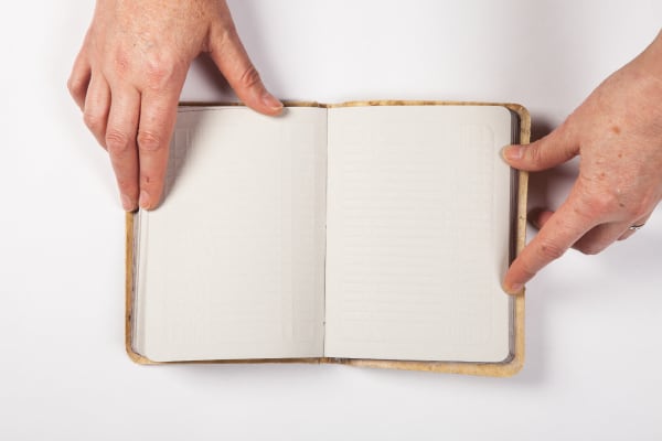 Johanna Calle Unique Artist Book Antiquus Editores, Bogotá, Colombia, 2016 Hand stitched and intaglio on ancient parchment 6.6 x 4.9 x 0.6" 16.7 x 12.4 x 1.5 cm