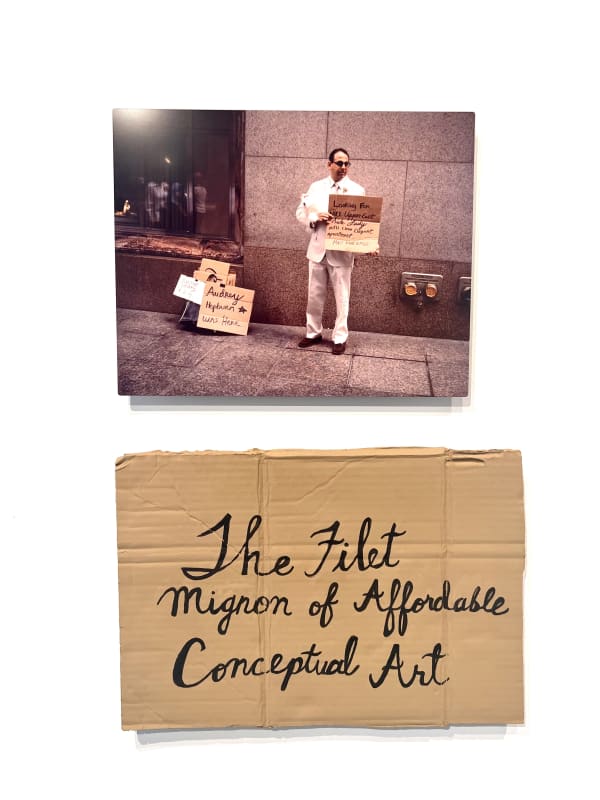 Alejandro Diaz Breakfast Tacos at Tiffany’s, 2003/2021 Performance/intervention in which hand-painted cardboard signs were sold and distributed to passersby in Manhattan’s Fifth Avenue shopping district. The work consists of a photograph printed on aluminum and a cast resin acrylic painted sign 31.5 x 19 in 80 x 48.26 cm Edition 1 of 3 plus 2 AP