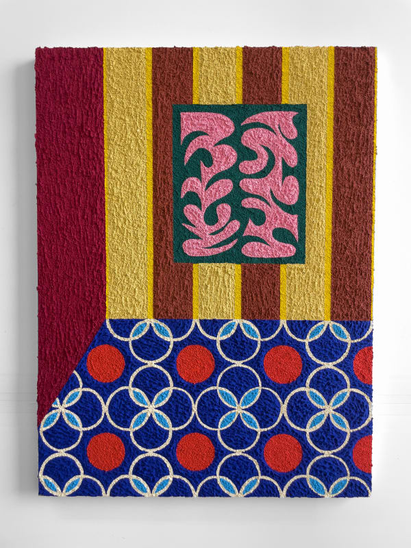 Carlos Rosales-Silva Sala con Alfombra y Cuadro, 2021 Sand, crushed stone, and glass bead in acrylic paint on panel 40 x 30 in 101.6 x 76.2 cm