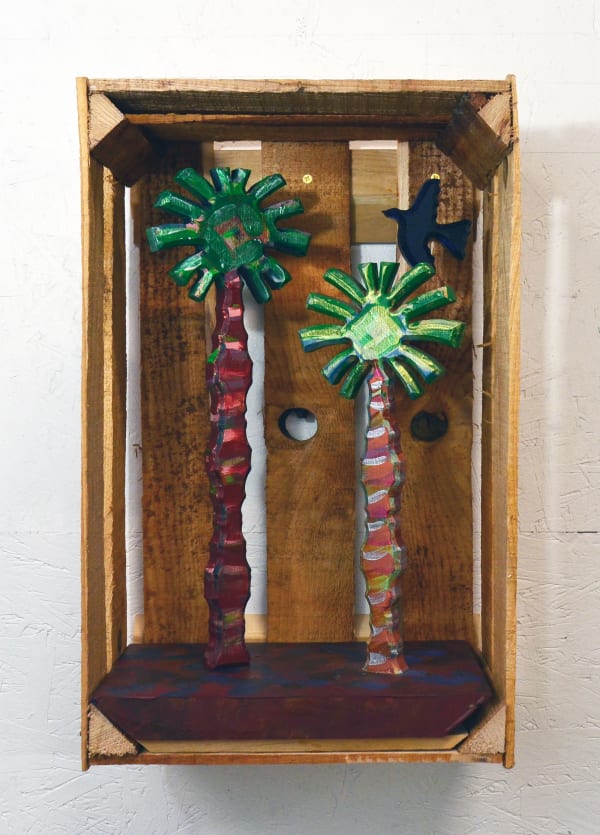 Frank Romero Caja de sombra - Dos Palmas, 2024 Acrylic on wood 21 x 13 x 9 in 53.3 x 33 x 22.9 cm