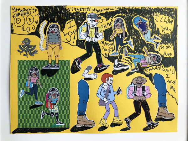 Michael Menchaca Vignettes of San Antonio, 2018 Oil paint and mixed media on yellow French paper 19 x 25" 48.3 x 63.5 cm