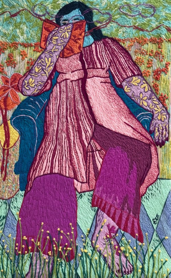 Rachita Dutta Flowers around me - I Hand embroidery on fabric 24 x 36 inches (61 x 92 cms)
