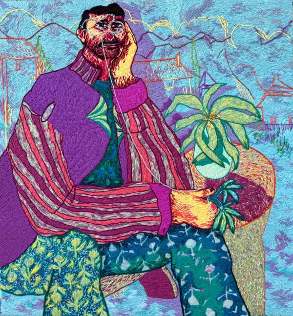 Rachita Dutta A Cloud at the Front, A Cloud at the Back Hand embroidery on fabric 36 x 36 inches (91 x 91 cms)