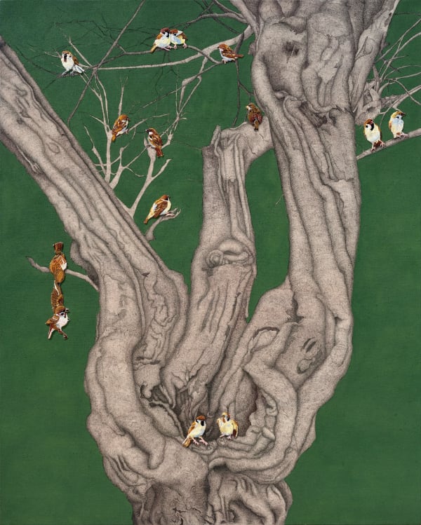 Vishwa Patel House sparrow - 1 Acrylic, pen and embriodery on canvas 60 x 48 inches (152 x 123 cms)