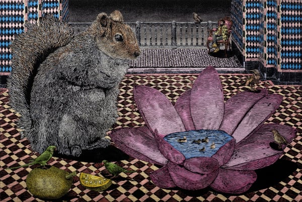 Prathap Modi Floating balconies Wood Engraving, oil colour Inlay on wood 48 x 72 inches (123 x 183 cms)