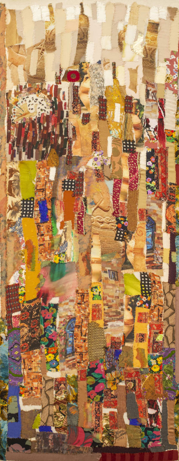 Neama El Sanhoury The Golden Age, 2023 fabric appliqué on linen 115 x 45cm signed & dated