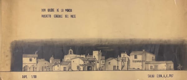Salah Abdel Kerim Don Quijote Village Prospectus II, 1957 pencil & charcoal on paper 41 x 96cm signed & dated