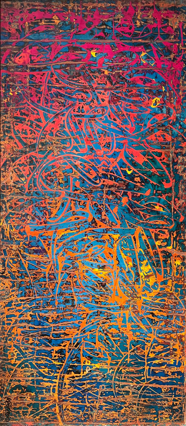 Ibrahim Khatab Abstract Calligraphy, 2023 mixed media on wood 190 x 85cm signed & dated