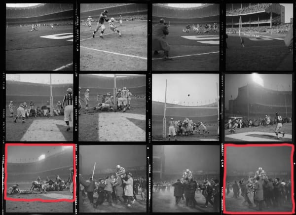 Neil Leifer, Alan Ameche Scoring Winning Touchdown vs NY Giants in "Sudden Death" Overtime - Contact Sheet, 1958