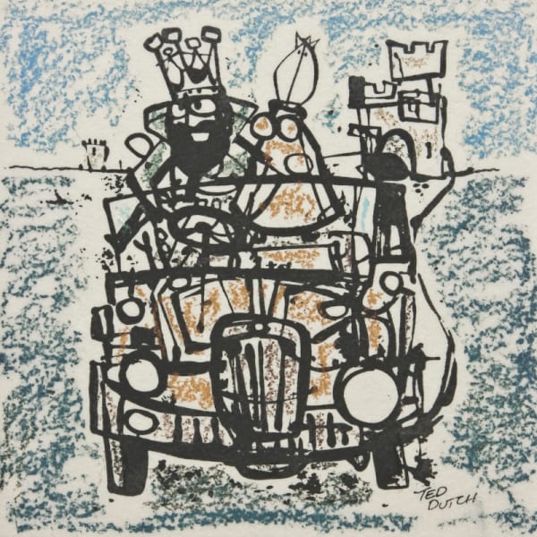 Ted Dutch (1928-2008) King and Queen Go Driving (tile), 1980 Screenprinted and hand-coloured ceramic 15.0 x 15.0 cm