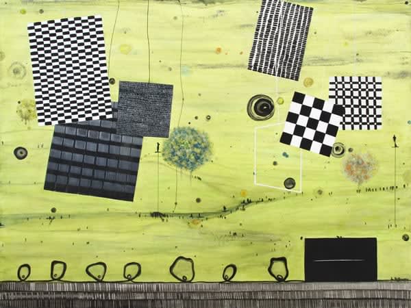 Linda Holloway Blowing in the wind, 2014 Ink, charcoal, oil, pigments and resin on wood 90.0 x 120.0 cm