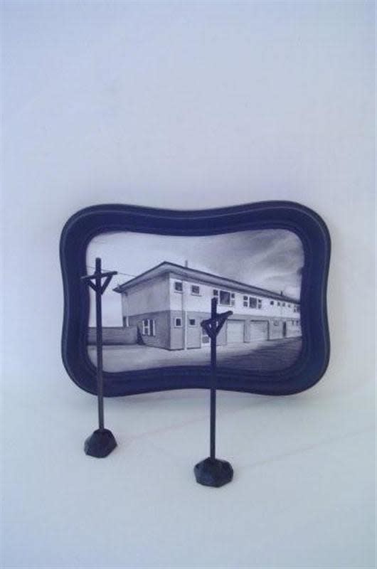 Josephine Cachemaille Tinny house (with Telegraph poles), 2011 Acrylic, gouache and gesso on board, mixed media installation 110 x 170 mm