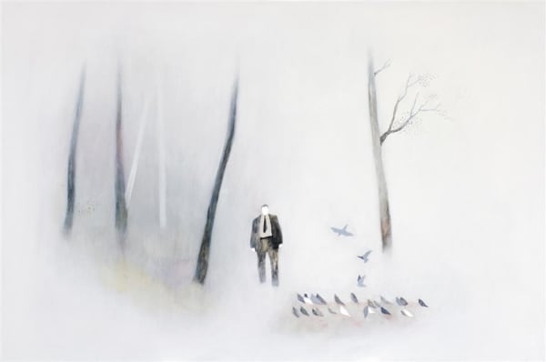 Alan Ibell The Scene Of The Sermon (After Giotto’s St Francis Preaching To The Birds), 2014 acrylic on board 100.0 x 150.0 cm