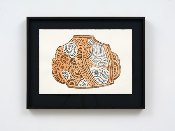 Wi Taepa Puketeraki Series III - III, 2024 Ink and kokowai on cotton rag, framed, unique 1/1 edition, signed by artist 640mm x 500mm